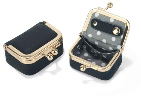 Nefokfdus Genuine Leather Mini Jewelry Box Coin Purse for Women,Solid Color Kiss Lock Jewelry Case Organizer,Mini Travel Ring Box, Black, Small