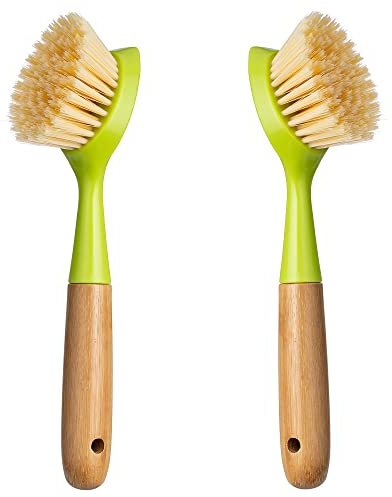 Paquete de 2 cepillos de cocina con mango de bambú, raspador integrado, cepillo para fregar sartenes, ollas, limpieza de fregadero de cocina, cepillos de limpieza para lavavajillas y limpieza son
