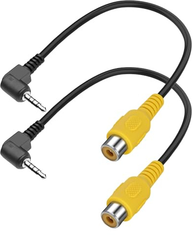 MEIRIYFA 2,5 mm till RCA-videokabel 90 graders vinkel 2,5 mm TRRS-kontakt till RCA-uttag AV-ingång adapter för högtalare, GPS, Dash Cam, backup-kamera (0,2 m, 2 stycken)