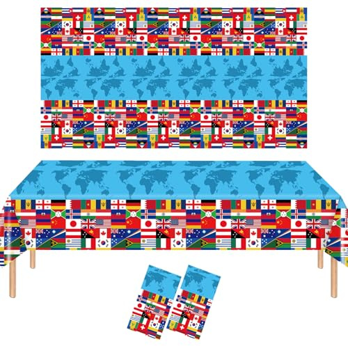 HOMAVEL 2 Piezas Mantel Banderas del Mundo 137x274cm - Mantel Rectangular Impermeable y Reutilizable Copa Mundial Fútbol - Decoración Fiesta Temática Deportiva y Eventos