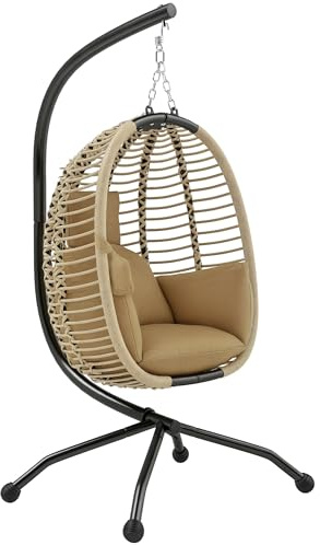 Outsunny Silla Colgante Huevo con Soporte Columpio de Jardín Exterior con Cesta Plegable Reposacabezas Cojín Bolsillo Lateral Columpio Colgante para Interior y Exterior Carga 120 kg Beige