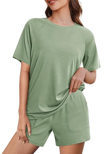 Ekouaer pyjamas dam kort pyjamas set sommar nattkläder Shorty pyjamas kortärmad hemmadräkt rund hals loungewear