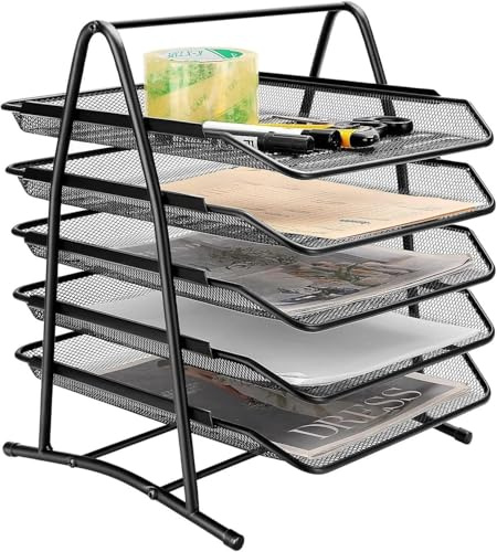 BREEZENEST Mesh Desk Organiser Letter Tray, Metal Office Filing Tray Holder for A4 Documents, Paper Storage Desk Accessory, File Organiser for Office Home School (5 Tiers)