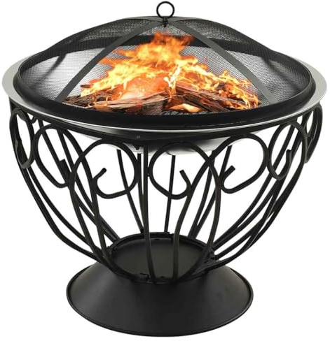 Runheo Brasero y parrilla 2 en 1 de acero inoxidable con atizador, 59 x 59 x 60 cm, protección contra chispas para jardín, terraza, exterior, generoso calor y fuego atmosférico para calefacción y