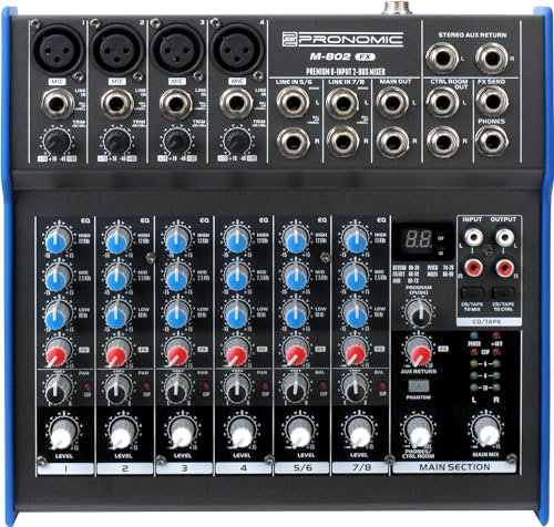 Pronomic M-802FX Live/Studio Mischpult mit digitalem 24bit Multieffektprozessor (4 Mono-Kanäle XLR/Klinke, 2-Stereo Kanäle, 3-Band-EQ, 48V Phantomspeisung)