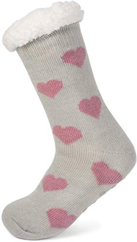 styleBREAKER calcetines antideslizantes de mujer con forro de pelo de peluche y motivo de corazones, talla 35-42 EU / 5-10 US / 4-8 UK 08030007, color:gris claro-rosa oscuro