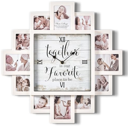 American Art Decor Picture Frame Collage Clock - 12 Photo Display Slots - Wall Mounted Chic Farmhouse Wall Decor - Wall Clock for Living Room, Bedroom, Kitchen, Office (Together, 20x 20)