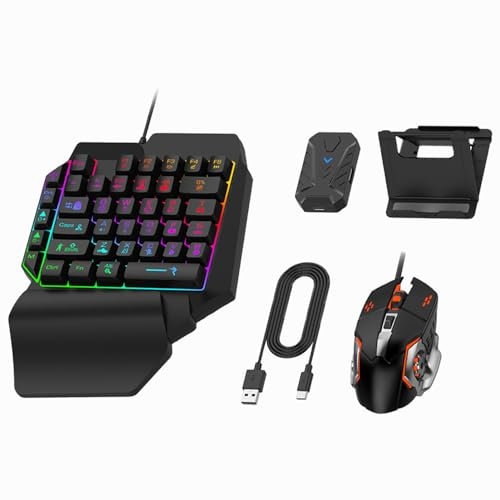 35 Keys Mini Keyboard One Hand Gaming Keyboard and Mouse Converter Set Gaming Mouse with RGB Backlit Phone Holder, Keyboard and Mouse Adapter, Mobile Game Converter