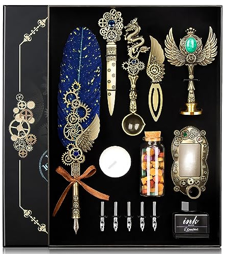 CunMei Quill Pen Ink Set with Wax Seal,Feather Quill Pen, a Collision of Punk and Retro Styles, both Calligraphy Pen Set and Wax Seal Stamp Kit, Suitable for Calligraphy Lovers of All Ages (Blue)