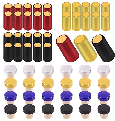 Swpeet 54 capsule termorestringenti in PVC in 3 colori, oro nero e rosso, tappo in sughero per bottiglie di vino con kit di assortimento superiore in plastica, tappo di tenuta con involucro