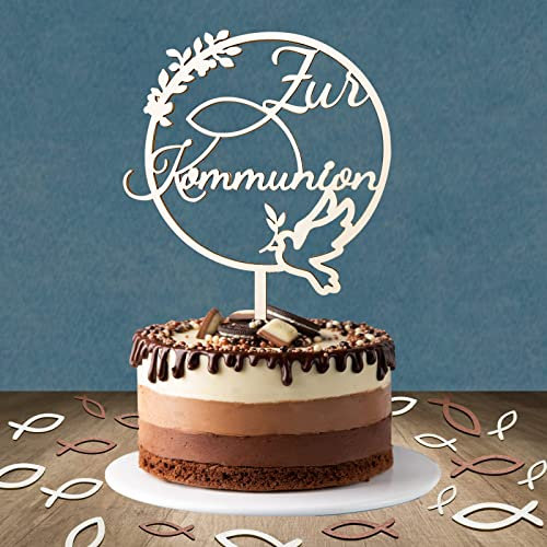 Tortendeko Kommunion, 1 Stück Zur Kommunion Cake Topper Holz & 36 Stück Holz Fische Tischdeko, Erstkommunion deko Junge Mädchen Geschenke, Kommunionsgeschenke für Mädchen Junge