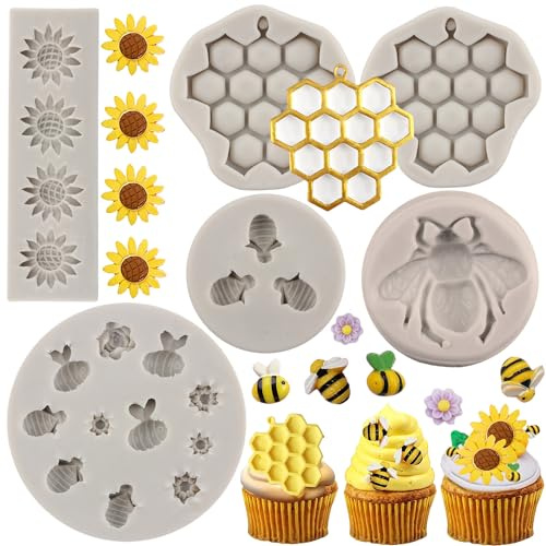 MYPRACS Lot De 6 Moules En Silicone En Forme De Bourdon En Forme De Nid D'abeille Tournesol Et Abeille Pour Fondant Décoration De Gâteaux Cupcakes Argile Polymère Bonbons Chocolat Pâte À Gomme