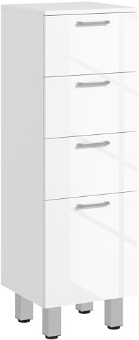 kleankin Mueble Auxiliar Baño Moderno Armario de Baño con 4 Cajones y 4 Patas Mueble de Almacenaje para Salón Dormitorio Antivuelco Carga 30 kg 30x30x93 cm Blanco Brillante
