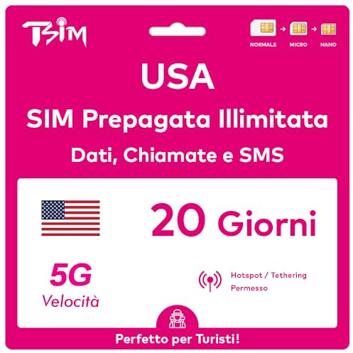 Scheda SIM USA valida per 20 giorni. Rete T-Mobile con dati illimitati ad alta velocità su 5G/4G/LTE | Chiamate e SMS locali illimitati negli Stati Uniti (inclusa Hawaii). Scheda SIM 5G!