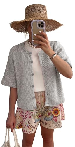 SCUSTY Women's Lightweight Cardigan Short Sleeve Button-Down Summer Cardigan Sweater(Grey-L)