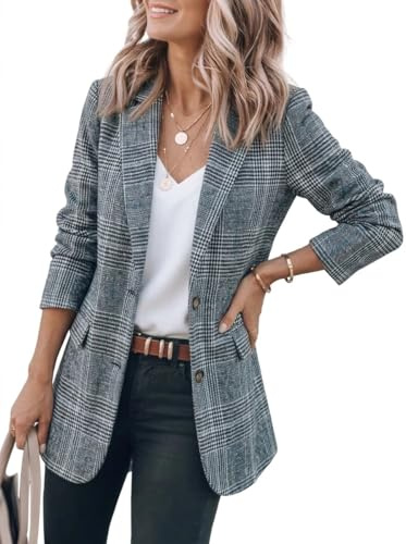 IDEALSANXUN Tweed Blazers for Women 2026 Fall Winter Long Oversized Plaid Houndstooth Blazers Casual Dressy Business Work Suit Jackets, Blue, XL