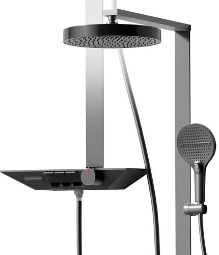 Duschset duschstång med duschhuvudhållare, duschstångsset, handdusch 3 typer av strålar, duschsystem, duschpelarset med termostat och glashylla, duschset regndusch med kran