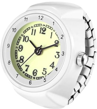 JewelryWe Fingerklocka ringklocka elastisk ring: enkel analog kvarts fingerringsklocka dam vit rostfritt stål stretchband klocka klockring med stora siffror och dragsko, Vit
