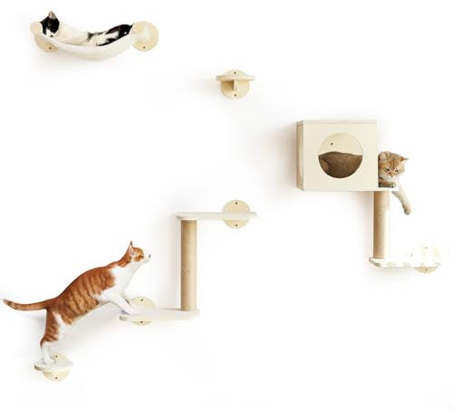 FUKUMARU Kattväggshyllor, 5-delat väggmonterat möbelset, stabilt trähus för kattklättring med hängmatta, hus, steg, klöspinne - Beige