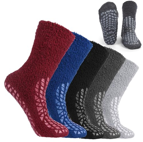 Shyyween 5 Pairs Double Tread Fuzzy Socks Non Slip Cozy Slipper Socks 360 All-around Tread Fuzzy Cozy Anti Skid Anklets Hospital for Bariatric Patient or Seniors, Warm Stopping Safety Fall Prevention