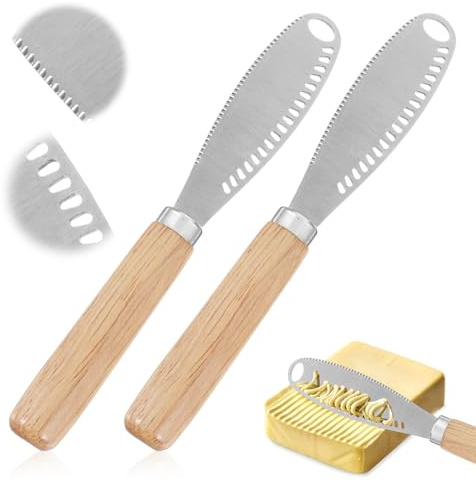 Nogeqi 2 Pcs Butter Spreader Knife, 3 In 1 Butter Knives with Holes, Stainless Steel Spreader Knife for Kitchen Restaurant Cheese Jam, Bagels, Sandwiches (Wood Handle)