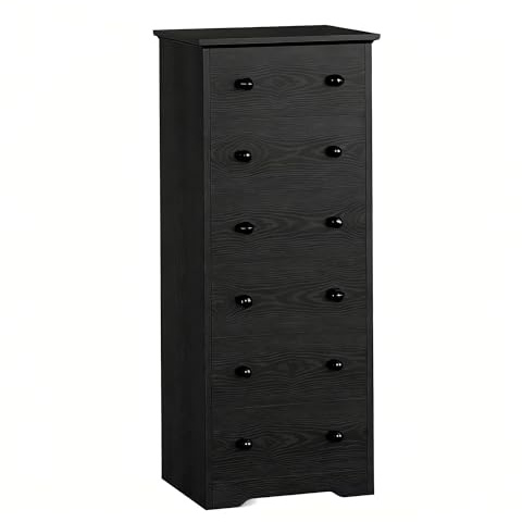 IRONCK Tall Chest of Drawers Slim Bedroom Storage Cabinet Black | 131 cm Tall Narrow Dresser, Colourful Changeable Handles, Anti-Tip Design, 6 Drawers Modern Wooden Furniture