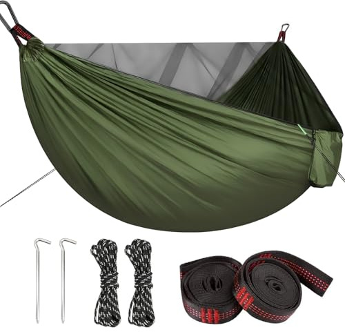 290x140 cm Hamac de Camping avec Moustiquaire, Capacité de Charge de 300kg, Hamac de Voyage Ultra Léger en Nylon Parachute 210T, Séchage Rapide, Accessoires complets pour Camping, Randonnée, Jardin