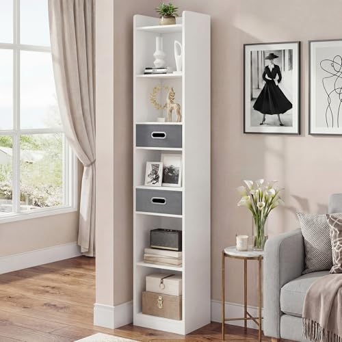 YITAHOME Libreria alta e stretta Scaffale angolare sottile con 5 ripiani e 2 cassetti in tessuto, Mobile contenitore indipendente per soggiorno, camera da letto, studio, Bianco, 30 L×24 P×180 Acm