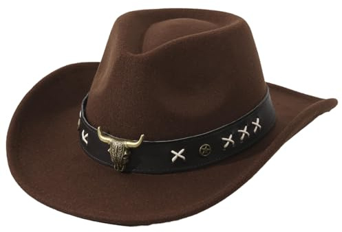 MYKAGS Chapeau de cowboy western vintage avec bandeau en cuir en forme de tête de taureau, adapté aux hommes et aux femmes, idéal pour les activités de plein air et les aventures (marron)