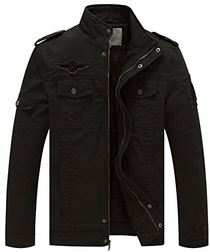 WenVen Giacca Militare Classica in Cotone Giubbotto con Zip Antivento Cappotto Casual Tempo Libero Giaccone Leggera Autunnale Uomo Nero 3XL