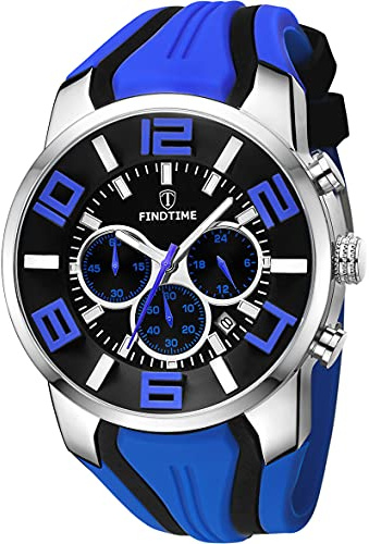 findtime Sport Uhr Herren Chronograph Militär Uhr Analog Quarz Silikon Armbanduhr für Männer Jungen Große Zahlen Datum Timer Herrenuhr Blau