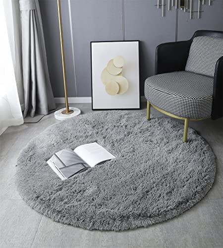 LYKEJI Runder Teppich, Langflor, Modern, für Wohnzimmer, Schlafzimmer, Esszimmer oder Kinderzimmer, Komfortable Hochflor-Bodenmatte Anti-Rutsch-Teppich (120cm X 120cm, Grau)
