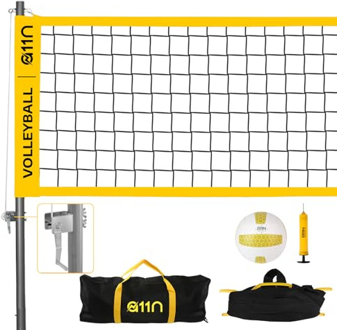 A11N Sports Heavy-Duty 32ft Outdoor Volleyball Net with Anti-Sag System - Portable Set Includes Volleyball, Net, Air Pump, Boundary Markers and Bag - Perfect for Backyard, Beach, and Park