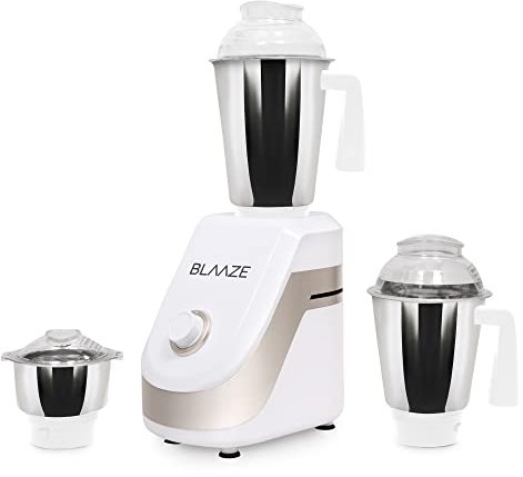 BLAAZE 220V Powerful 800W Mixer Grinder w/ 3 Stainless Steel Jars & Blades Perfect for Dry & Wet Fine Grinding – Dosa batters, Indian Curry Spices Coconut Chutney Grinding Mixing (White Matte Silver)