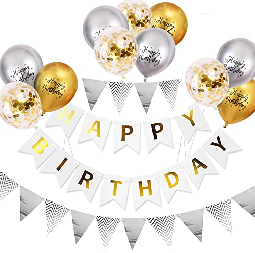 Set di palloncini per compleanno, oro e argento, decorazione di compleanno Happy Birthday, decorazione per feste di compleanno, set con palloncini in oro e argento, palloncini triangolari, ghirlande