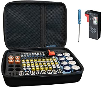 Kabelmeister Batterie Case - Praktische Aufbewahrungstasche/-koffer für Batterien und Akkus, inkl. Tester, Schwarz