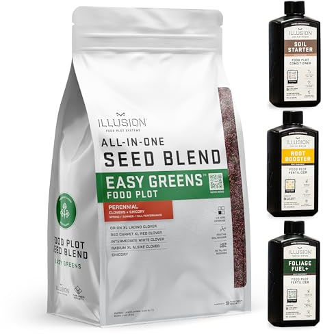 All-in-One Food Plot Seed + Fertilizer for Deer - 1/4 Acre Coverage - Perennial Blend - Protein and Micronutrients for Wildlife - Clovers and Chicory - Illusion Systems (Easy Greens)