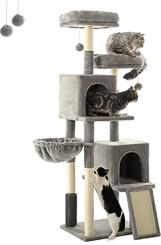 FourFurPets Innenbereich Katzenkratzbaum 156cm, Kratzbaum, mit Sisal-Treppe, 2 Plattformen, 2 Höhlen, Hängematte, Höhlen, Plüschbälle, Hellgrau