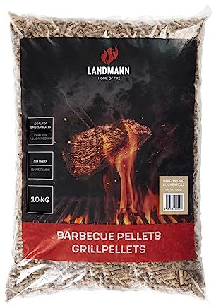 LANDMANN Pellets de Barbacoa de Haya, 10 kg, para el Toque Especialmente Ahumado, Adecuado para ahumadores, barbacoas de pellets y de carbón Vegetal y hornos de Pizza, bajo Consumo, Color marrón