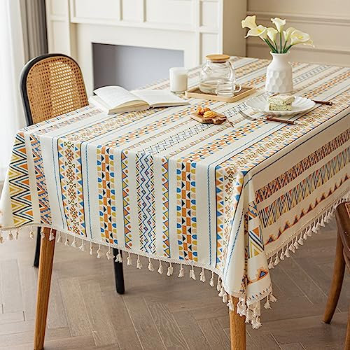Square Tablecloths 120 x 120cm Cotton Linen Table Cloth With Tassel Blue Orange Yellow Boho Wipe Clean Water Resistant Table Cover for Kitchen Dining Garden Cafe Party Indoor Outdoor Tabletop Decor