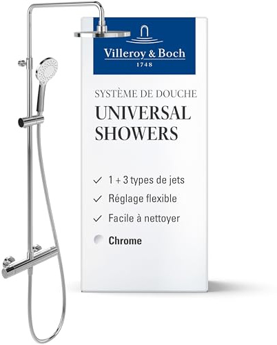 Villeroy & Boch Universal Showers duschsystem – regndusch med termostat och handdusch – 3 stråltyper – flexibel handduschhållare – lättskött, lätt monterat duschsystem – krom