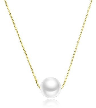 Hmzidz Collar de Perlas Blancas y Oro - Gargantilla Plata de Ley 925 para Mujer y Niñas (10MM)