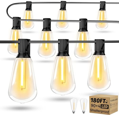 Torkase Outdoor String Lights Mains Powered,180FT ST38 Garden Festoon Lights with 90 Shatterproof G40 Plastic LED Edison Bulbs Waterproof for Outside Patio Pergola Decor Cafe