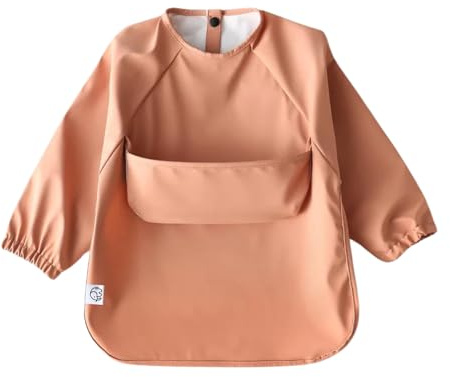 Babero impermeable con mangas largas para bebés, Baberos para alimentación infantil, Babero con bolsillo, Delantal de pintura, Bata antisuciedad, Unicolor o estampado, 6 a 12 meses (Orange, Pequeño)