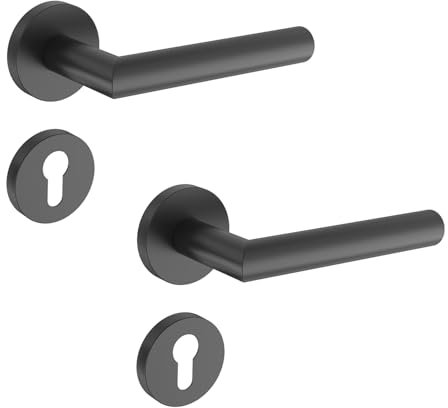 türklinke schwarz,Türgriffe Innentüren Schwarz matt,Rund-Rosette, L-Form, PZ - Profilzylinder, Schwarz matt für Zimmertüren DIN-Norm (Black-PZ Profilzylinder)