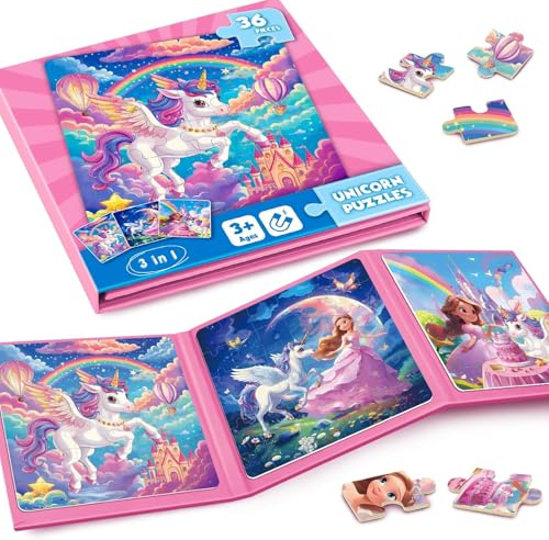 Puzzle MagnéTique Licorne pour Enfants,36 Puzzles De Voyage pour Les Enfants De 3 à 8 Ans,Puzzle De Fille AméLiorer L'Intelligence,ActivitéS Avion