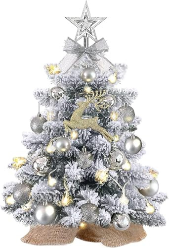 KOIUEYW Mini Christmas Tree Prelit, Small Artificial Christmas Tree with Lights, Pre Lit Little Decoration for Table Top Home Cafe Office, Snow Flocked