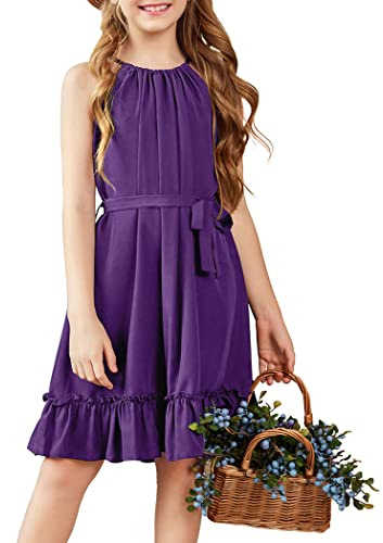 Arshiner Vestido Morado NiñA Verano Vestidos Básico Línea A Cuello Halter Vestido Liso Elegante Fiesta Vestidos Escolar Informal con Cinturón Ropa para Niña 11-12 Años
