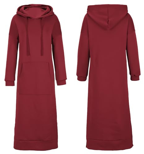 amropi Mujer Sudadera Larga con Capucha Vestido Manga Larga Pullover Casual Hoodies con Bolsillo Borgoña,S