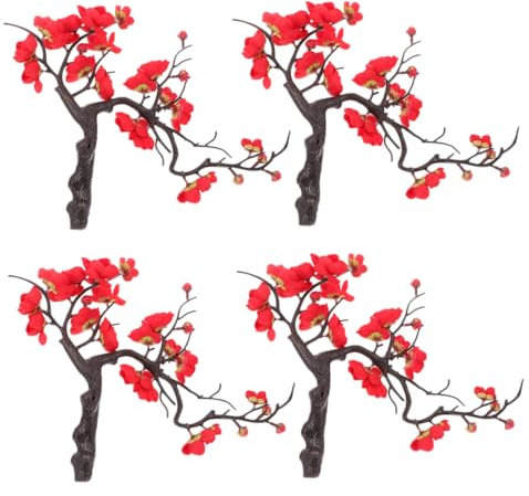 GAROZATION 4pièces Bouquet De Fleurs Artificielles Soie De Prunier Rouge Décoration Lifelike pour Vase Maison Restaurant Et Événements Lot de Branches Résistantes Et Légères